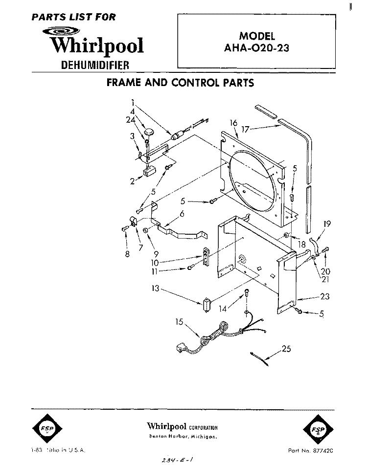 SECTION Diagram and Parts List for AHA02023  Whirlpool Dehumidifier