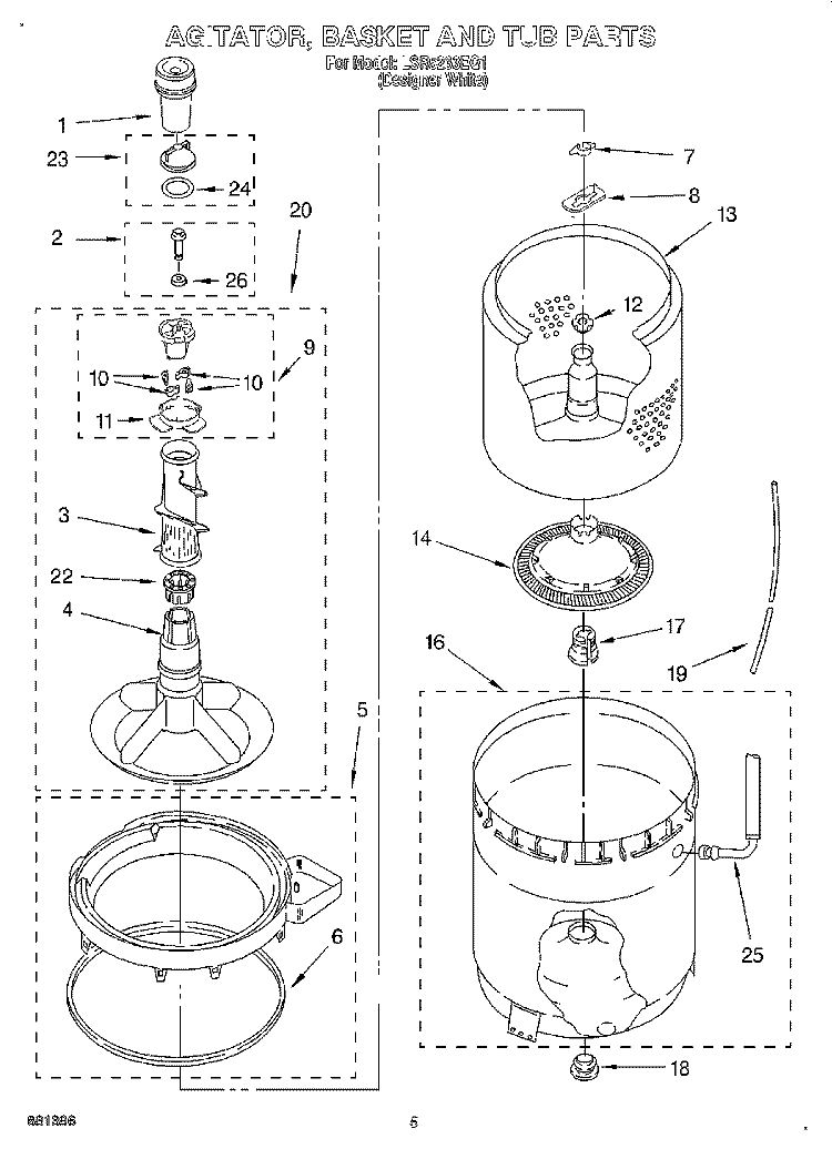 AGITATOR, BASKET AND TUB Diagram and Parts List for LSR5233EQ1  Whirlpool Washer