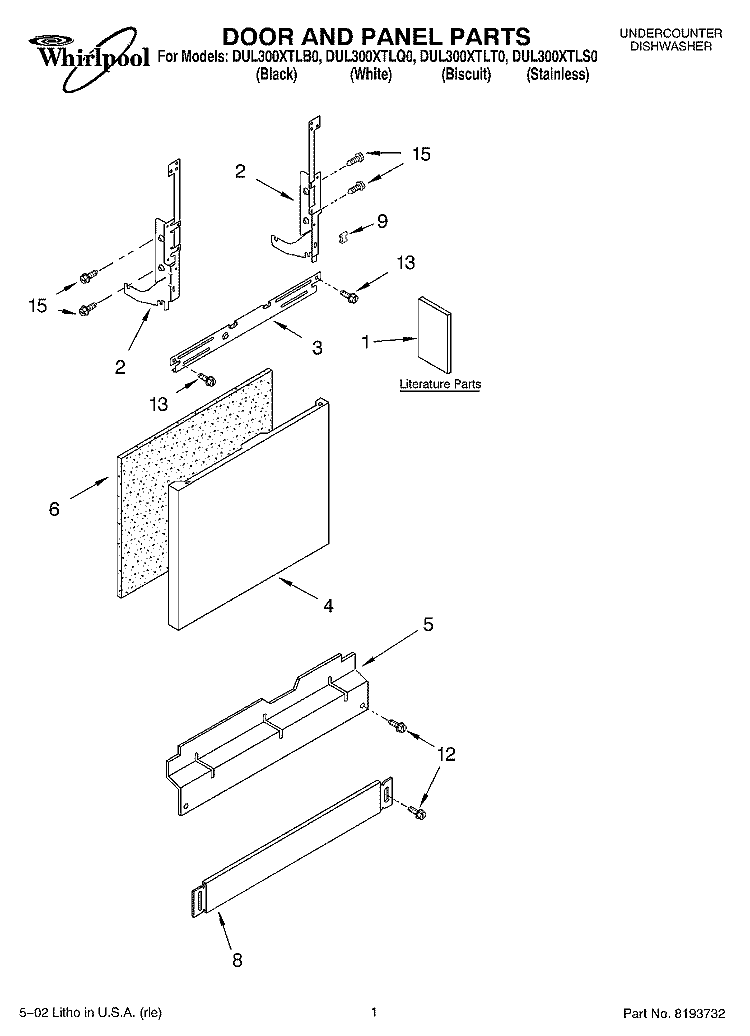 DOOR AND PANEL, LITERATURE Diagram and Parts List for DUL300XLTQ0  Whirlpool Dishwasher