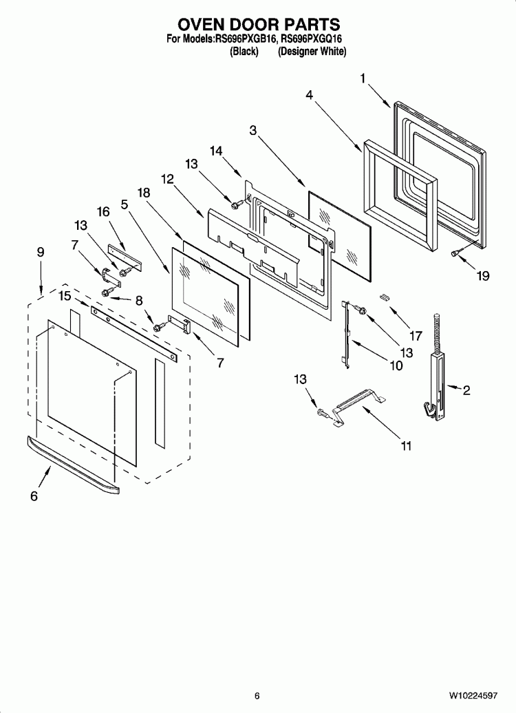 OVEN DOOR PARTS Diagram and Parts List for RS696PXGQ16  Whirlpool Range