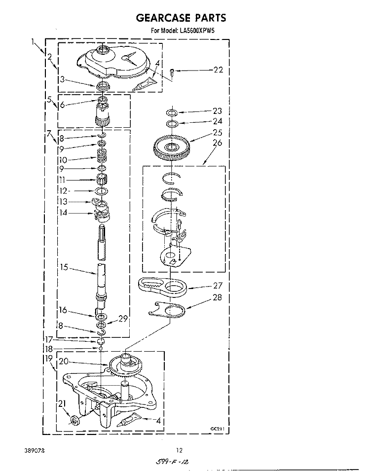 GEARCASE Diagram and Parts List for LA5600XPW5  Whirlpool Washer
