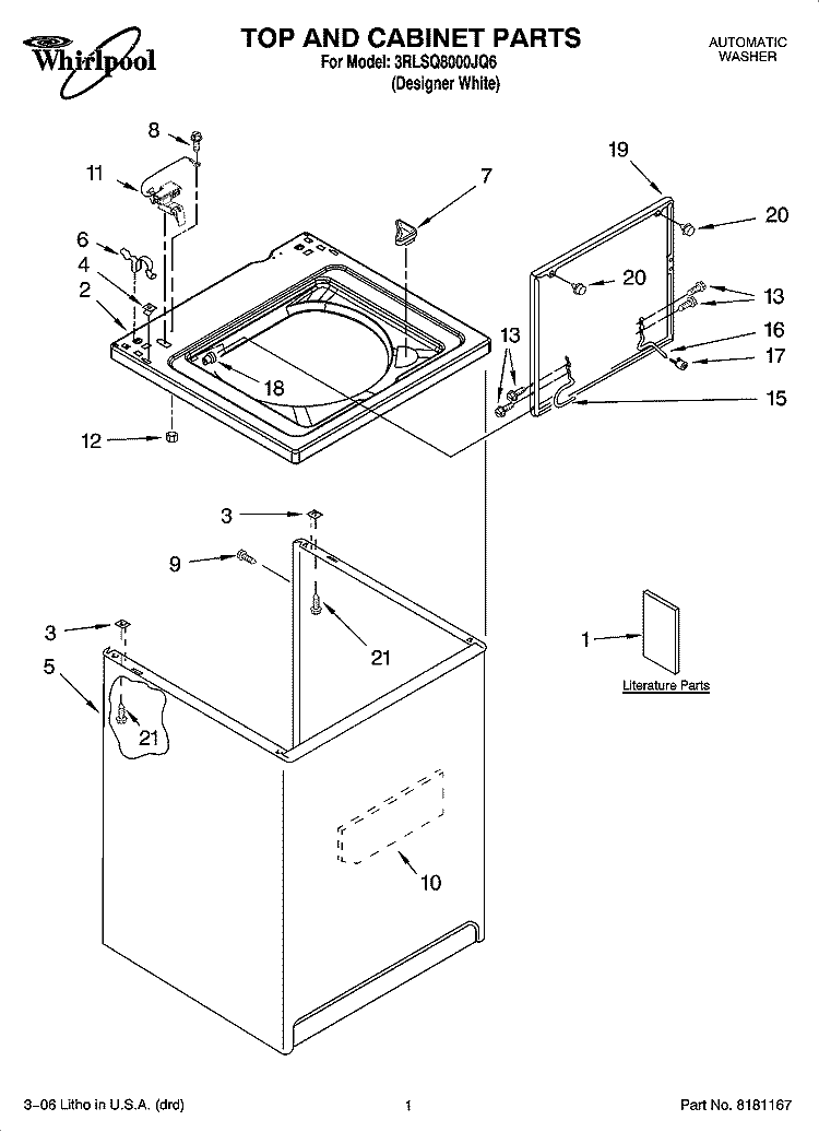 TOP AND CABINET PARTS Diagram and Parts List for 3RLSQ8000JQ6  Whirlpool Washer