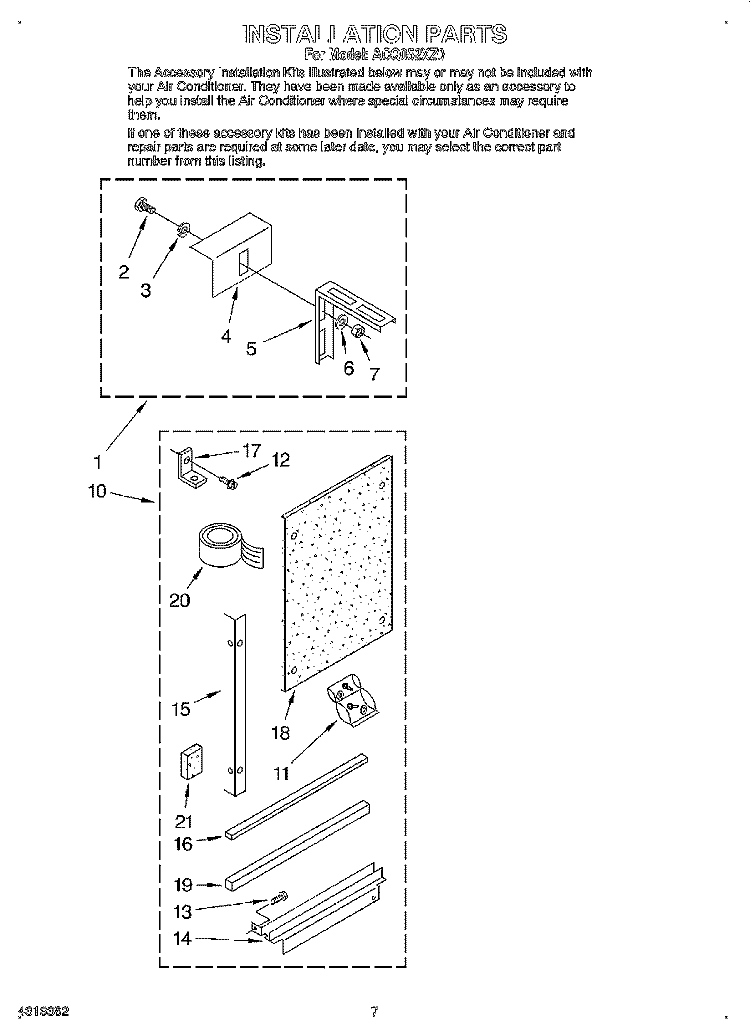 INSTALLATION Diagram and Parts List for ACQ052XZ0  Whirlpool Air Conditioner