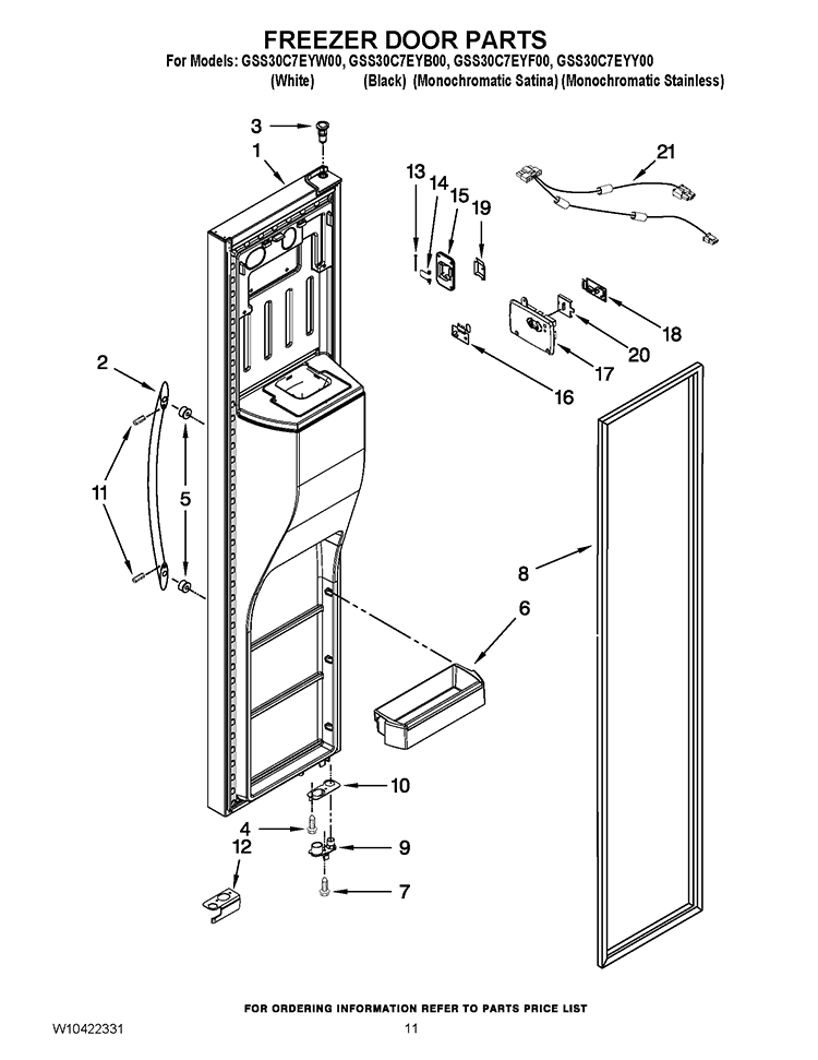 FREEZER DOOR PARTS Diagram and Parts List for GSS30C7EYF00  Whirlpool Refrigerator