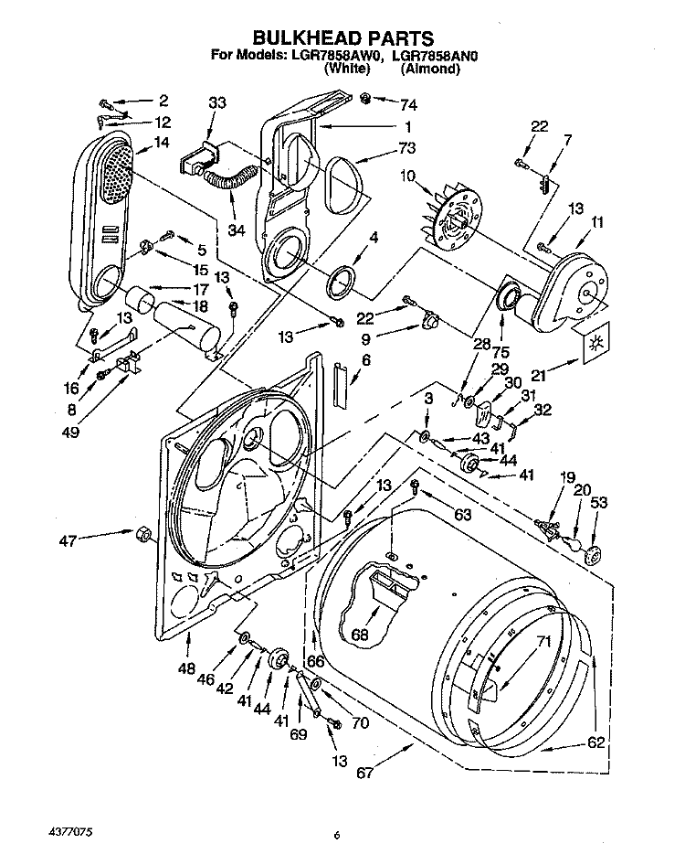 BULKHEAD Diagram and Parts List for LGR7858AN0  Whirlpool Dryer
