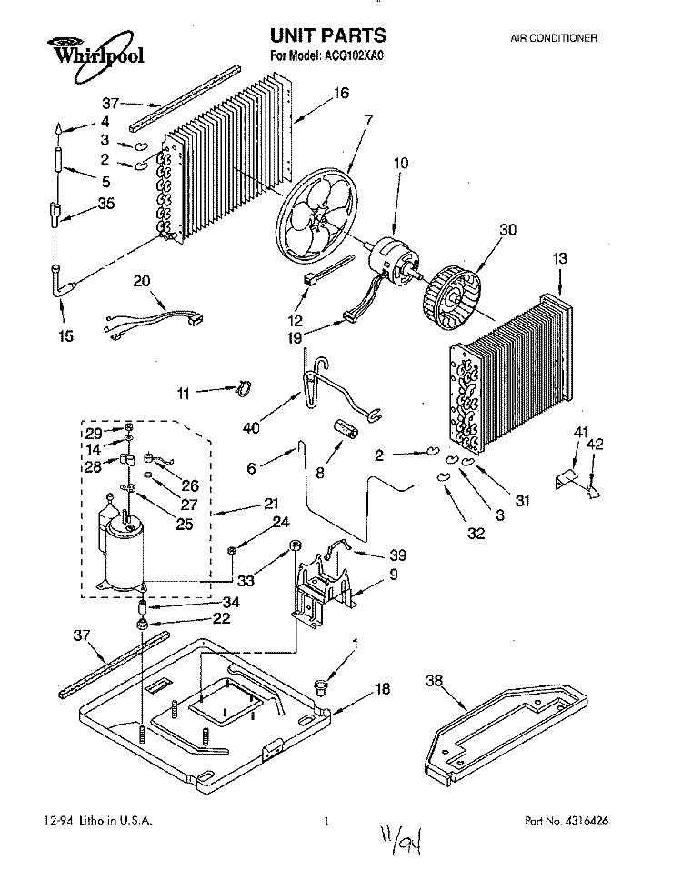 UNIT, LITERATURE Diagram and Parts List for ACQ102XA0  Whirlpool Air Conditioner