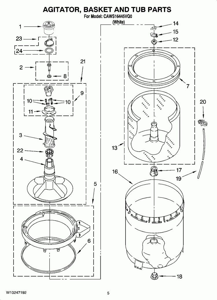 AGITATOR, BASKET AND TUB PARTS Diagram and Parts List for CAWS16445VQ0  Crosley Washer