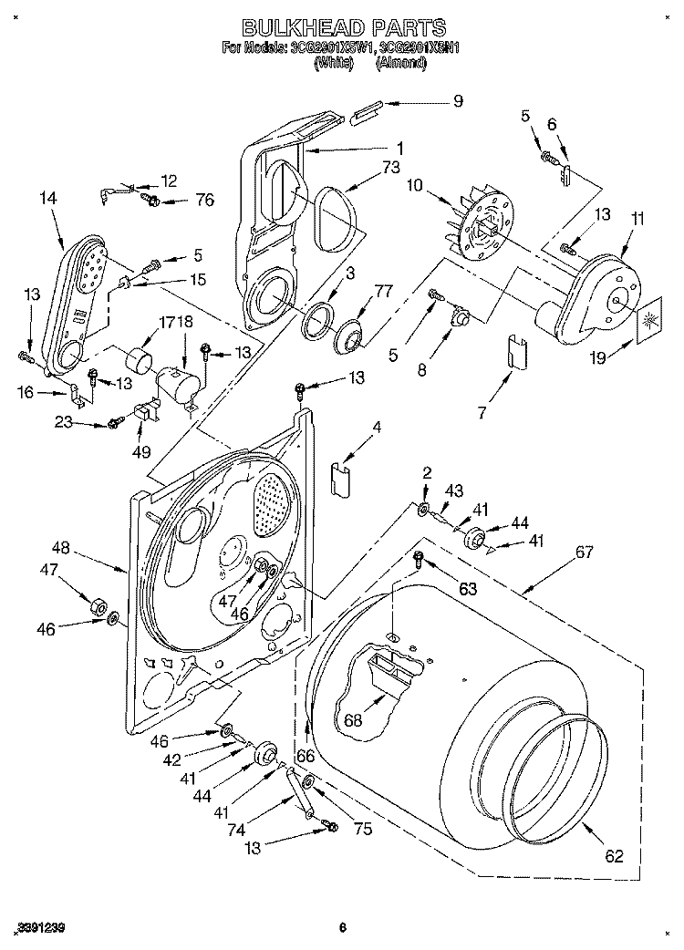 BULKHEAD, LIT/OPTIONAL Diagram and Parts List for 3CG2901XSW1  Whirlpool Dryer