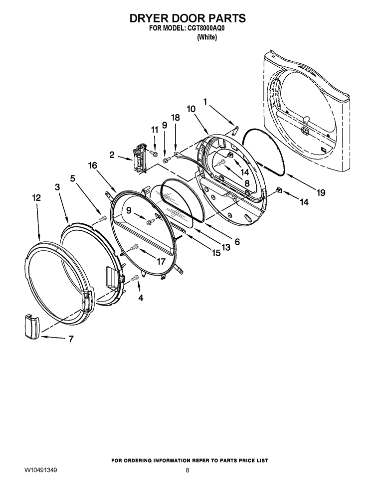 DRYER DOOR PARTS Diagram and Parts List for CGT8000AQ0  Whirlpool Washer Dryer Combo