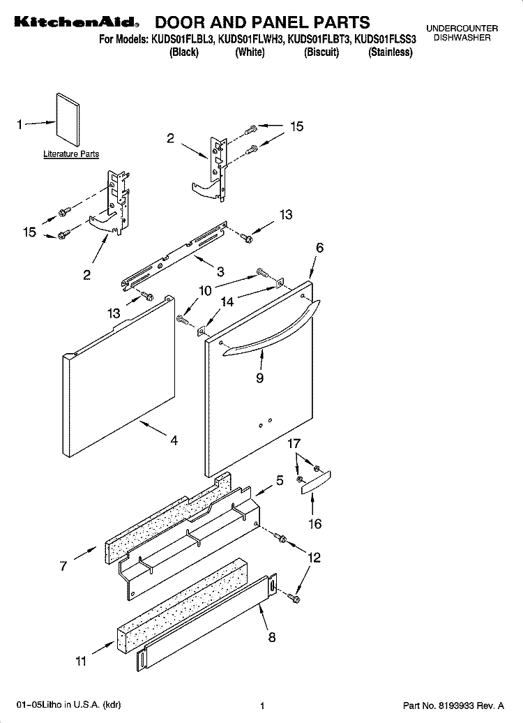 DOOR AND PANEL PARTS Diagram and Parts List for KUDS01FLSS3  KitchenAid Dishwasher