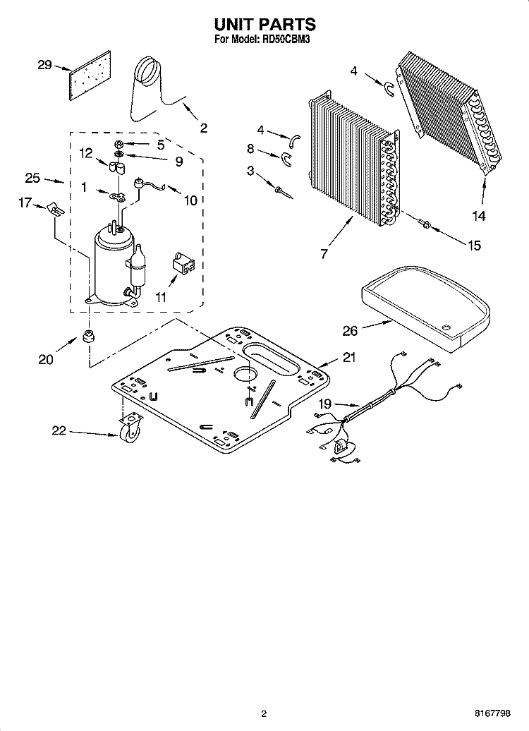 UNIT PARTS Diagram and Parts List for RD50CBM3  Roper Dehumidifier