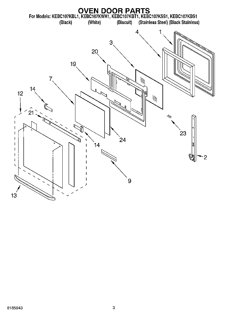 OVEN DOOR Diagram and Parts List for KEBC107KBL1  KitchenAid Wall Oven