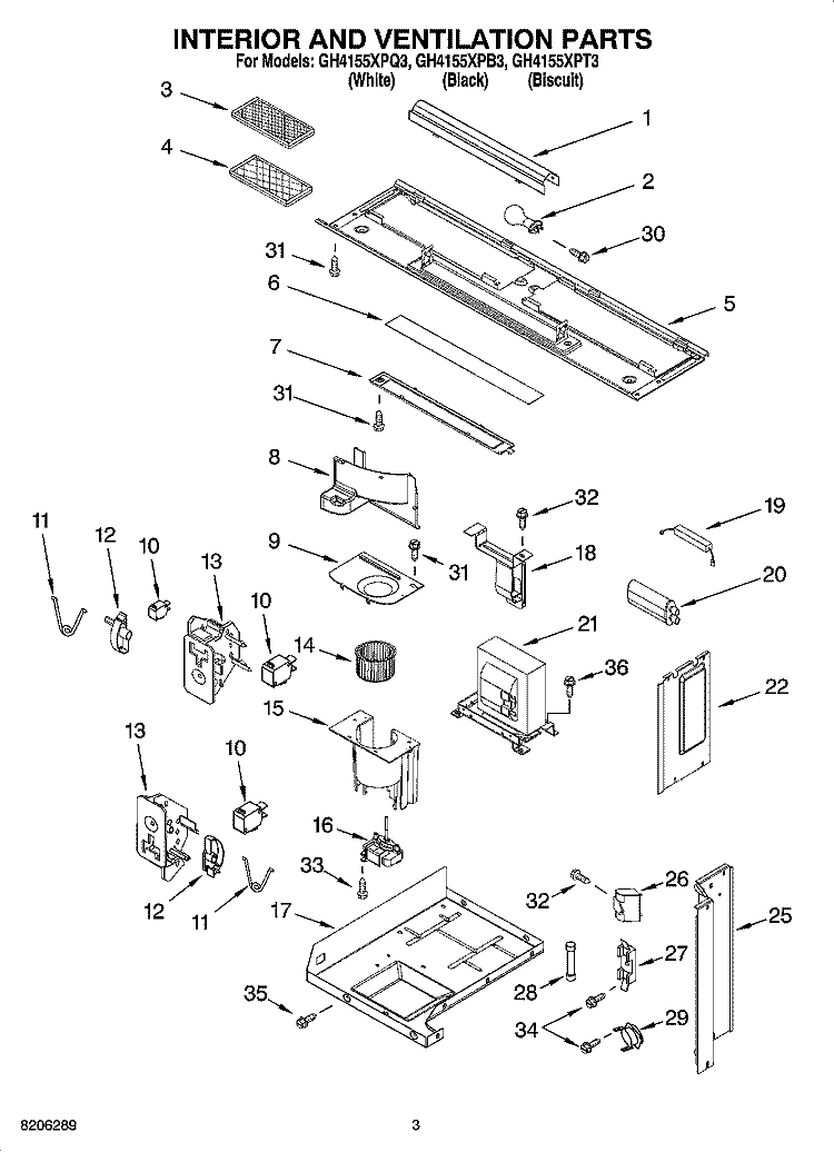 INTERIOR AND VENTILATION PARTS Diagram and Parts List for GH4155XPB3  Whirlpool Microwave