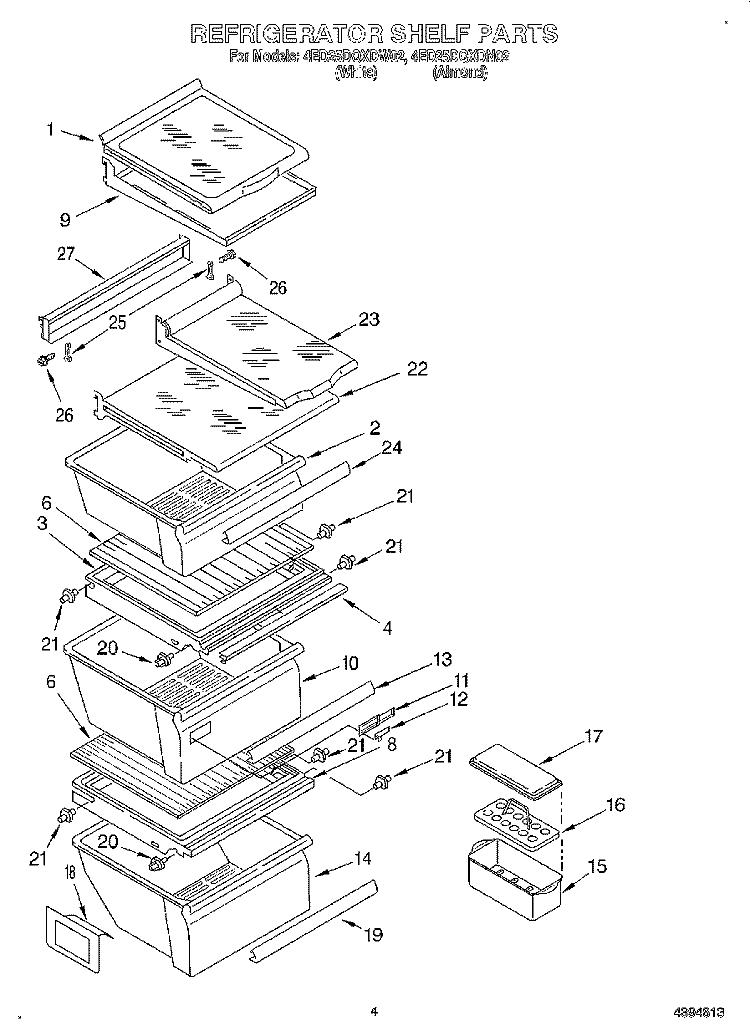 REFRIGERATOR SHELF Diagram and Parts List for 4ED25DQXDW02  Whirlpool Refrigerator