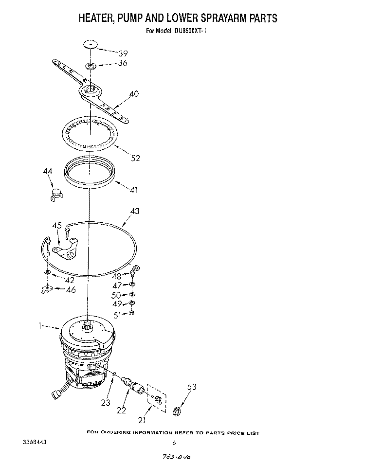 HEATER, PUMP AND LOWER SPRAY ARM Diagram and Parts List for DU8500XT1  Whirlpool Dishwasher