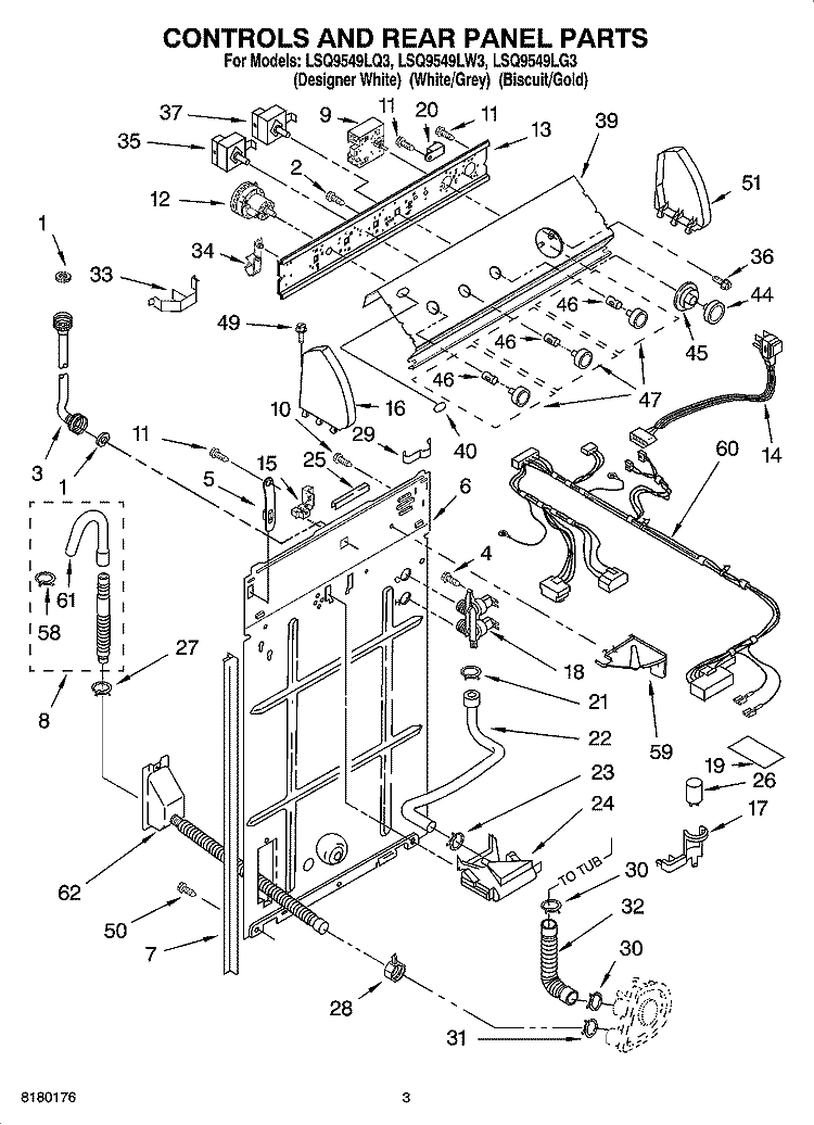 CONTROLS AND REAR PANEL PARTS Diagram and Parts List for LSQ9549LQ3  Whirlpool Washer