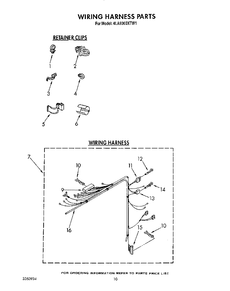 WIRING HARNESS Diagram and Parts List for 4LA9300XTG1  Whirlpool Washer