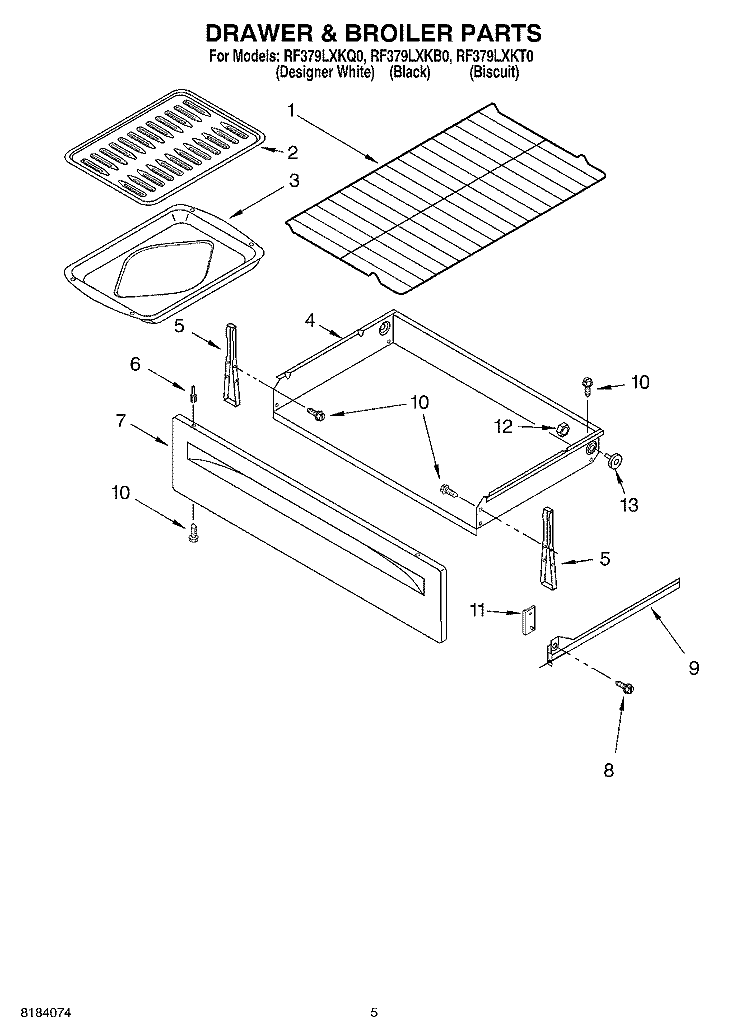 DRAWER & BROILER Diagram and Parts List for RF379LXKT0  Whirlpool Range