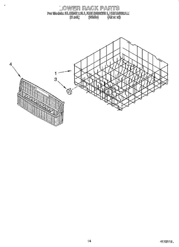 LOWER RACK Diagram and Parts List for KUDI24SEWH1  KitchenAid Dishwasher
