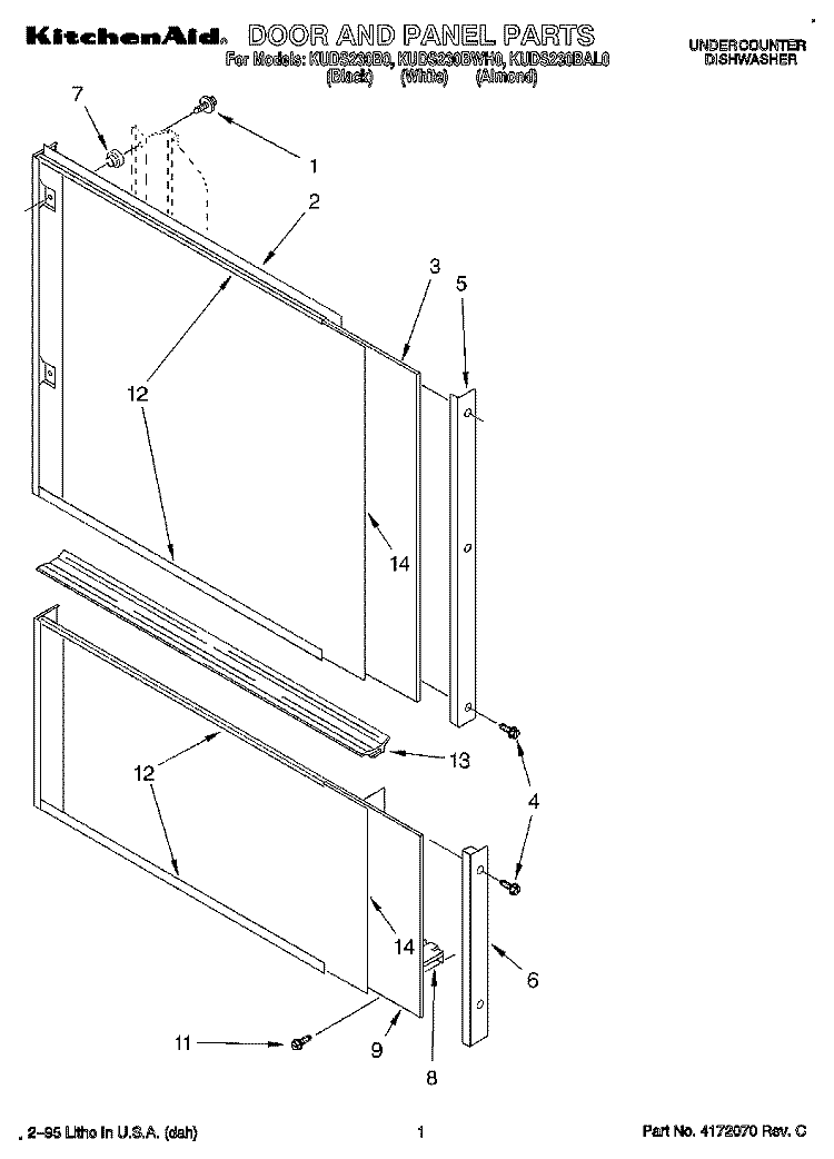 DOOR AND PANEL Diagram and Parts List for KUDS230BAL0  KitchenAid Dishwasher