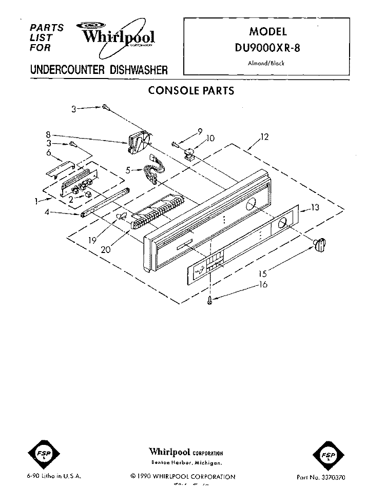 CONSOLE Diagram and Parts List for DU9000XR8  Whirlpool Dishwasher