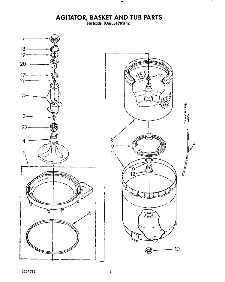 AGITATOR, BASKET AND TUB Diagram and Parts List for KAWE540WAL2  KitchenAid Washer