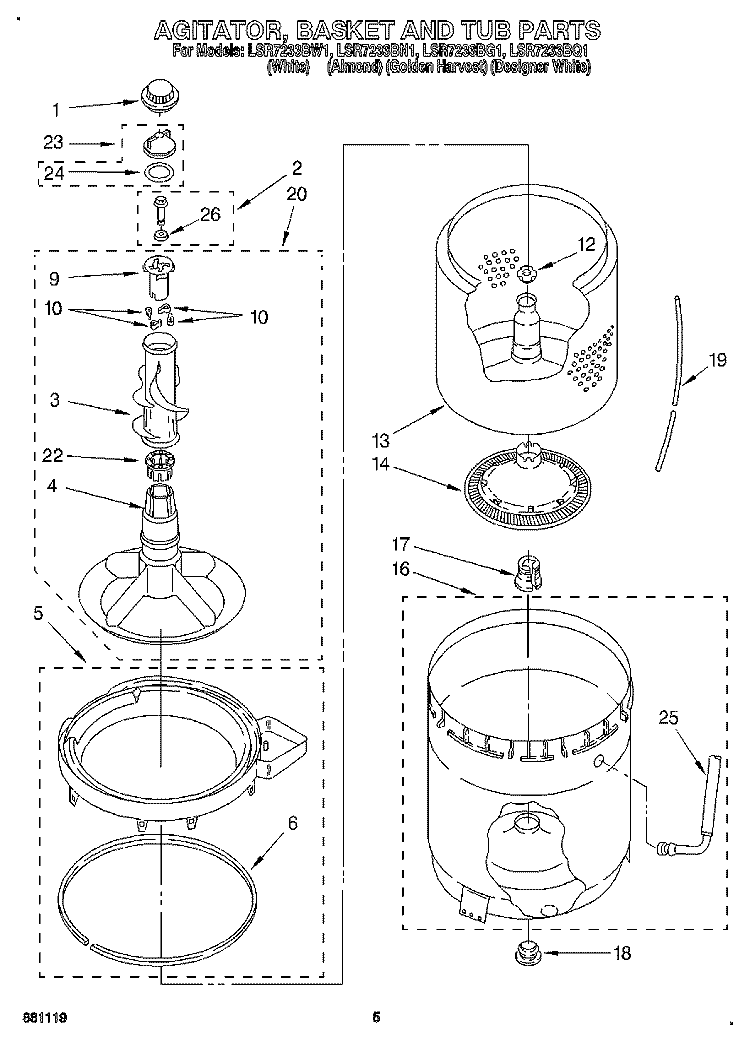 AGITATOR, BASKET AND TUB Diagram and Parts List for LSR7233BG1  Whirlpool Washer