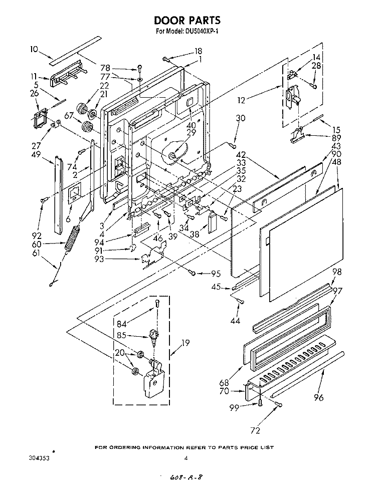 DOOR Diagram and Parts List for DU5040XP1  Whirlpool Dishwasher