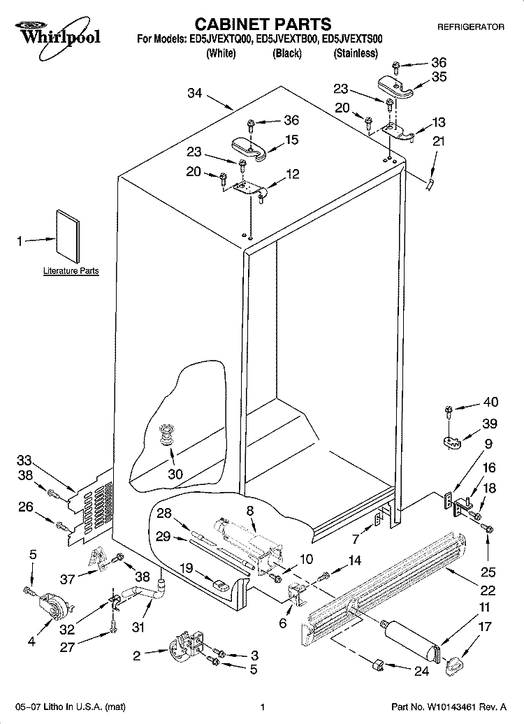 CABINET PARTS Diagram and Parts List for ED5JVEXTS00  Whirlpool Refrigerator