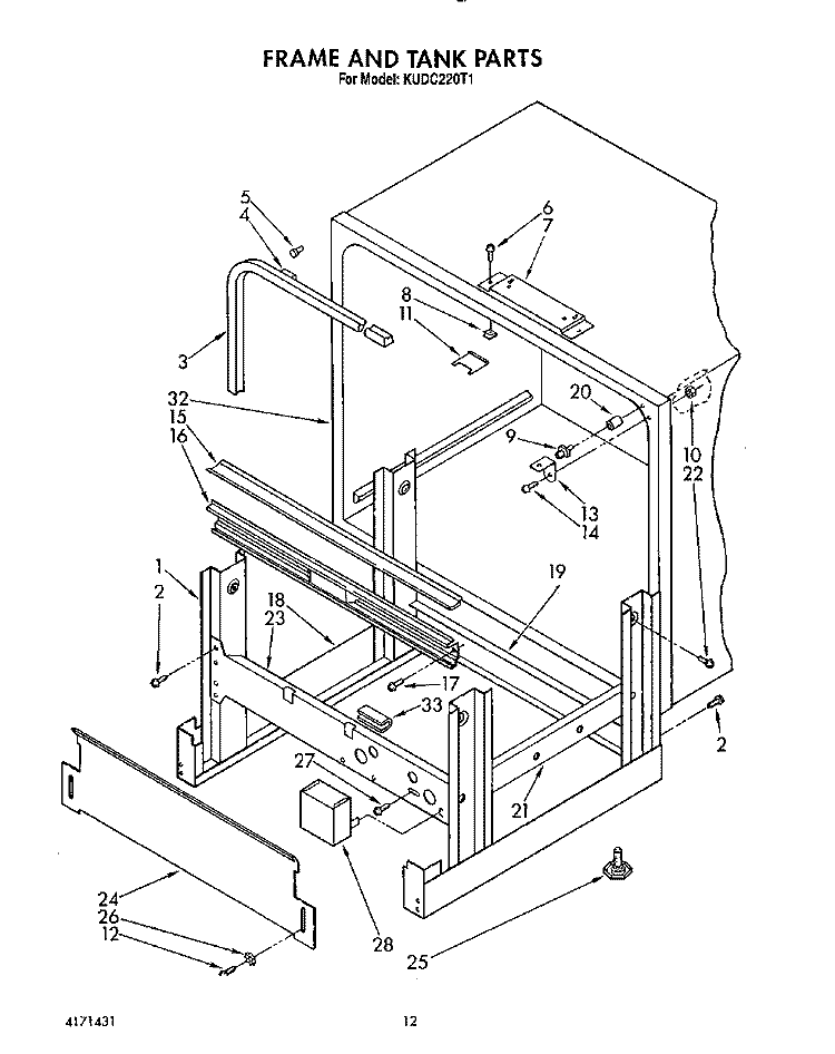 FRAME AND TANK Diagram and Parts List for KUDC220T1  KitchenAid Dishwasher