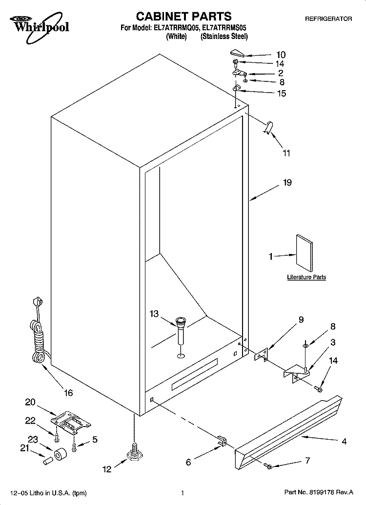 CABINET PARTS Diagram and Parts List for EL7ATRRMS05  Whirlpool Refrigerator