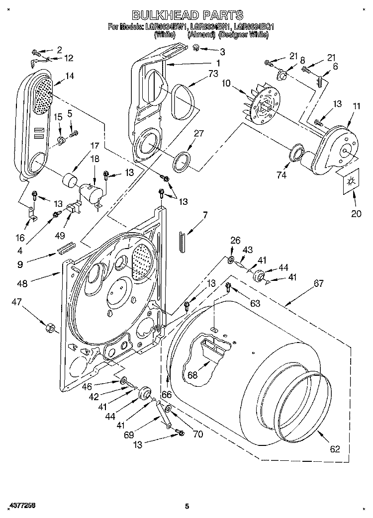BULKHEAD Diagram and Parts List for LGR6634BW1  Whirlpool Dryer