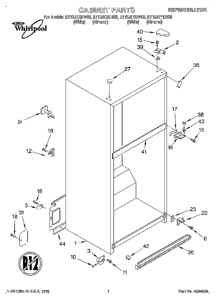 CABINET Diagram and Parts List for ET16JKYDN03  Whirlpool Refrigerator