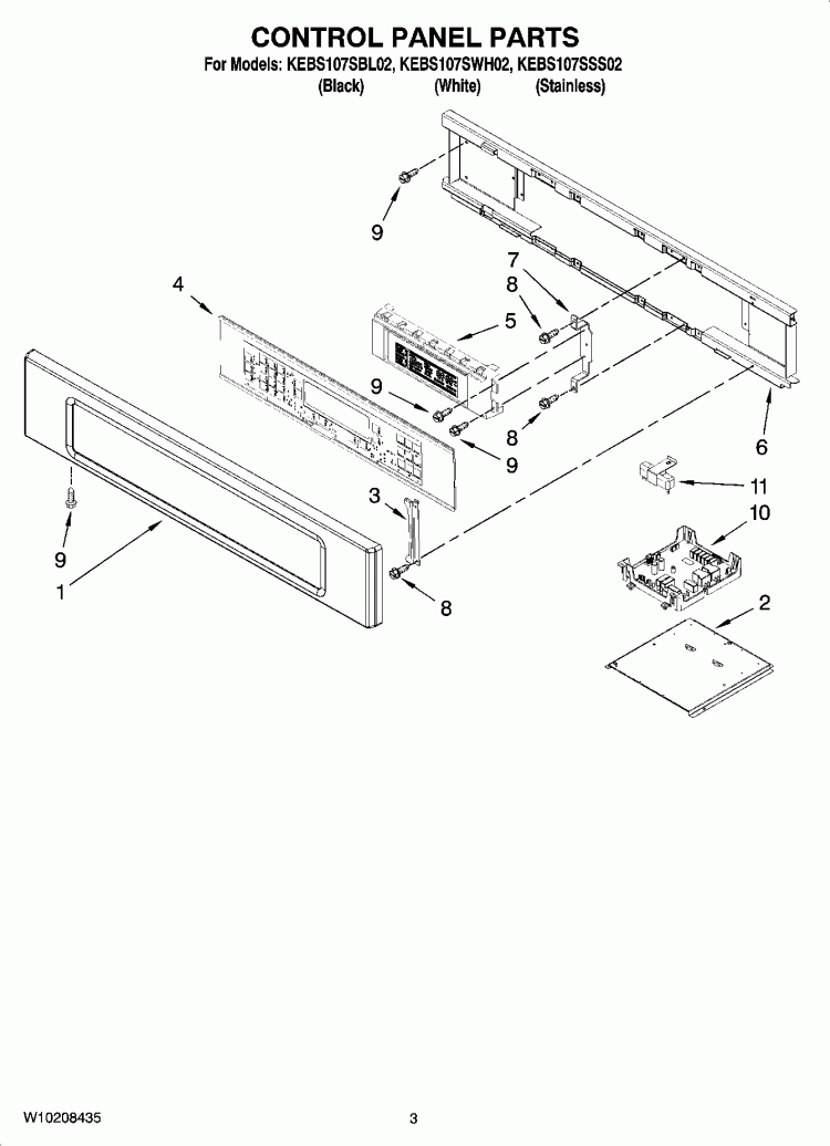 CONTROL PANEL PARTS Diagram and Parts List for KEBS107SWH02  KitchenAid Wall Oven