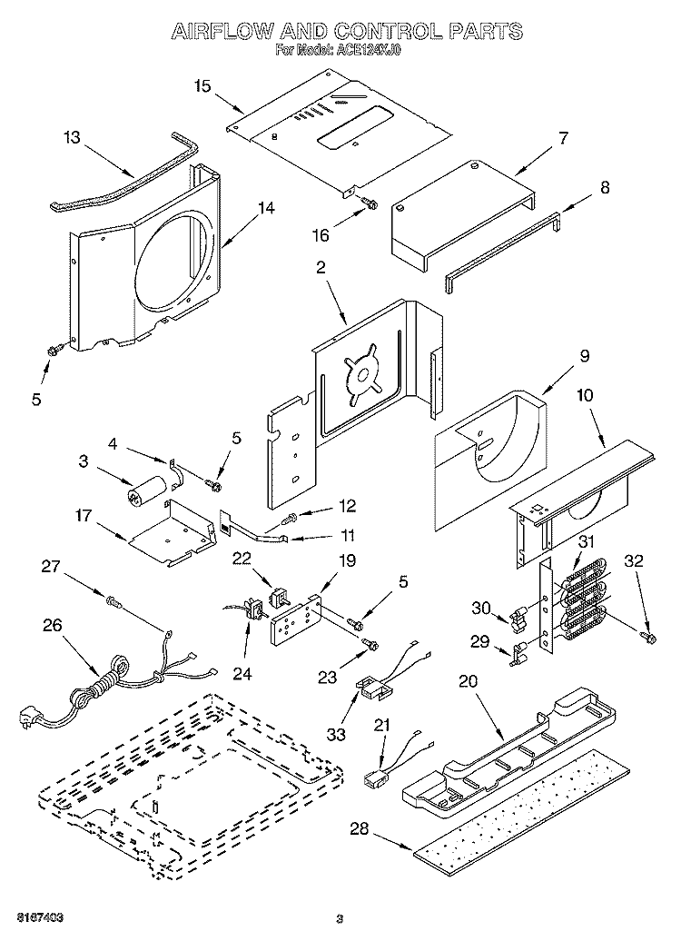 AIR FLOW AND CONTROL Diagram and Parts List for ACE124XJ0  Whirlpool Air Conditioner