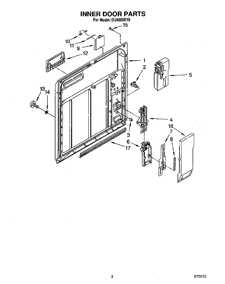 INNER DOOR Diagram and Parts List for DU4000XY0  Whirlpool Dishwasher