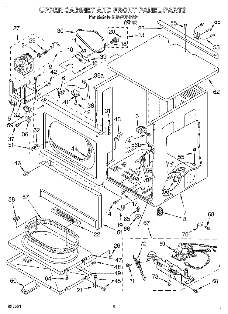 UPPER CABINET AND FRONT PANEL Diagram and Parts List for 3CSP2761BW1  Whirlpool Dryer