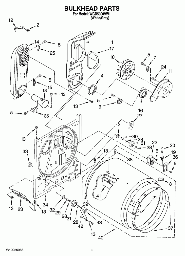 BULKHEAD PARTS Diagram and Parts List for WGD5300VW1  Whirlpool Dryer