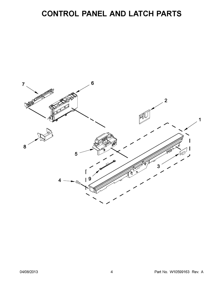 CONTROL PANEL AND LATCH PARTS Diagram and Parts List for KUDS35FXSS9  KitchenAid Dishwasher