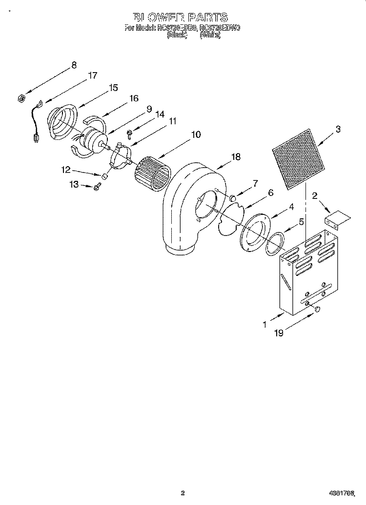 BLOWER Diagram and Parts List for RC8720EDB0  Whirlpool Cooktop
