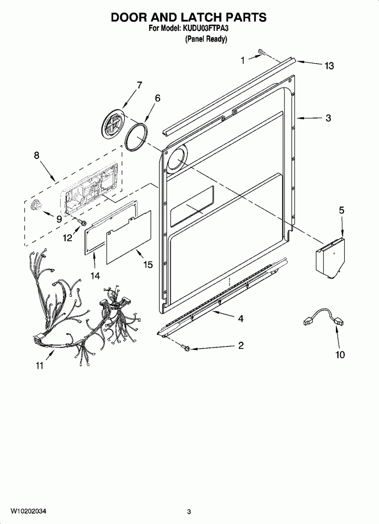DOOR AND LATCH PARTS Diagram and Parts List for KUDU03FTPA3  KitchenAid Dishwasher