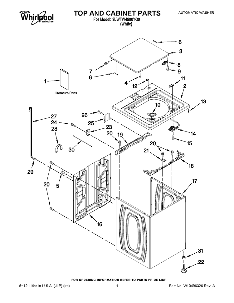TOP AND CABINET PARTS Diagram and Parts List for 3LWTW4800YQ0  Whirlpool Washer