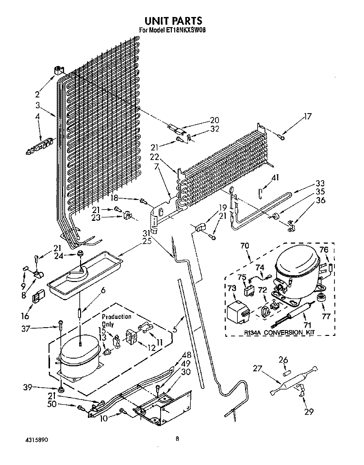 UNIT Diagram and Parts List for ET18NKXSW08  Whirlpool Refrigerator