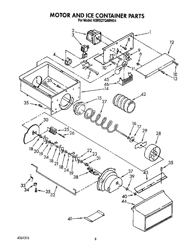 MOTOR AND ICE CONTAINER, LIT/OPTIONAL Diagram and Parts List for KSRS27QAWH04  KitchenAid Refrigerator