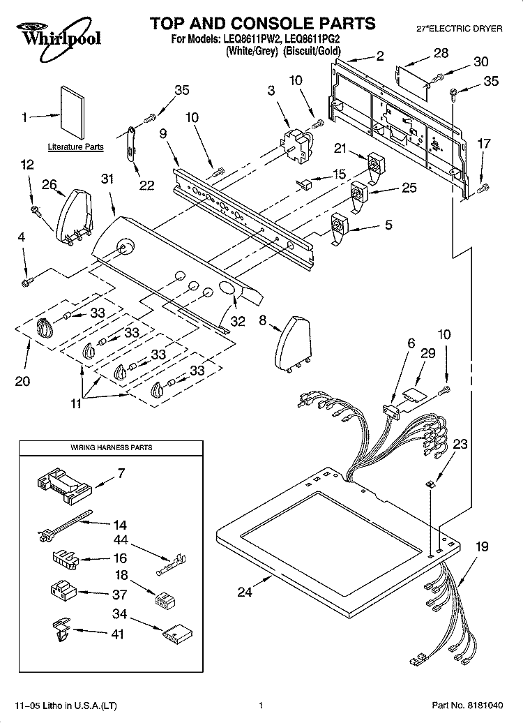 TOP AND CONSOLE PARTS Diagram and Parts List for LEQ8611PG2  Whirlpool Dryer