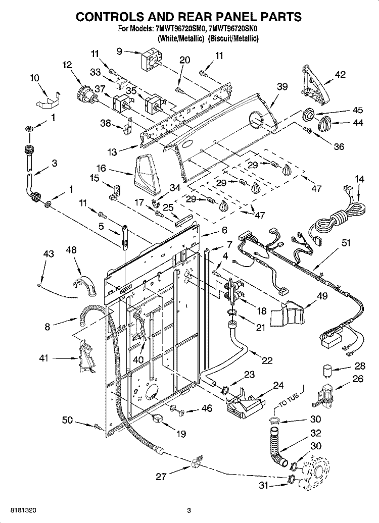 CONTROLS AND REAR PANEL PARTS Diagram and Parts List for 7MWT96720SM0  Whirlpool Washer