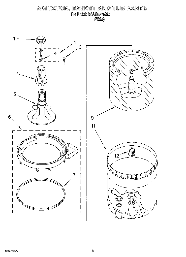 AGITATOR, BASKET AND TUB PARTS Diagram and Parts List for GCAM2701JQ0  Whirlpool Washer