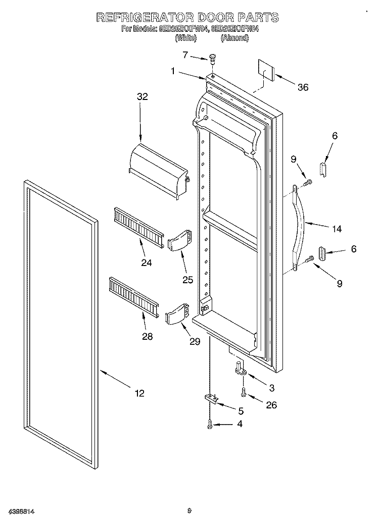 REFRIGERATOR DOOR Diagram and Parts List for 8ED20ZKXFW04  Whirlpool Refrigerator