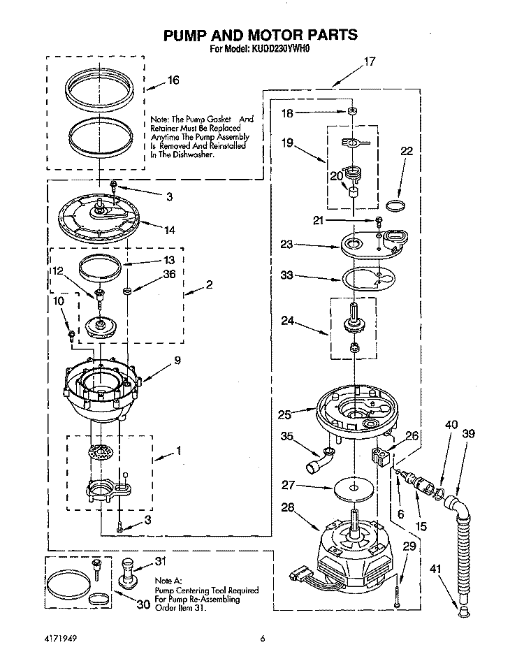 PUMP AND MOTOR Diagram and Parts List for KUDD230YWH0  KitchenAid Dishwasher