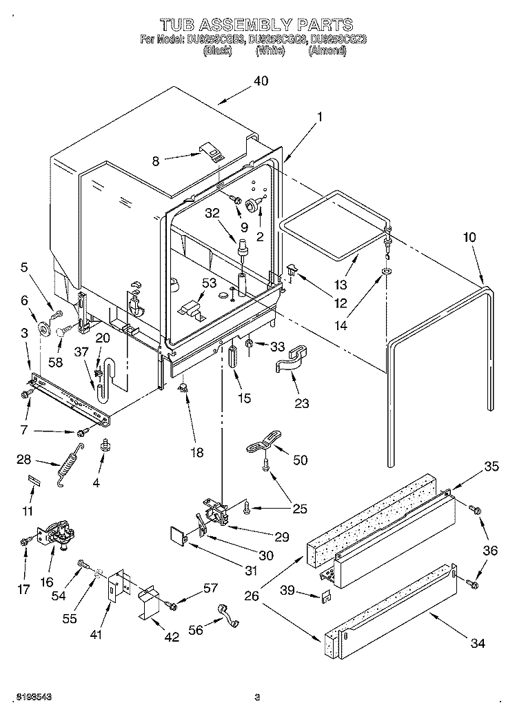 TUB ASSEMBLY Diagram and Parts List for DU925SCGQ3  Whirlpool Dishwasher